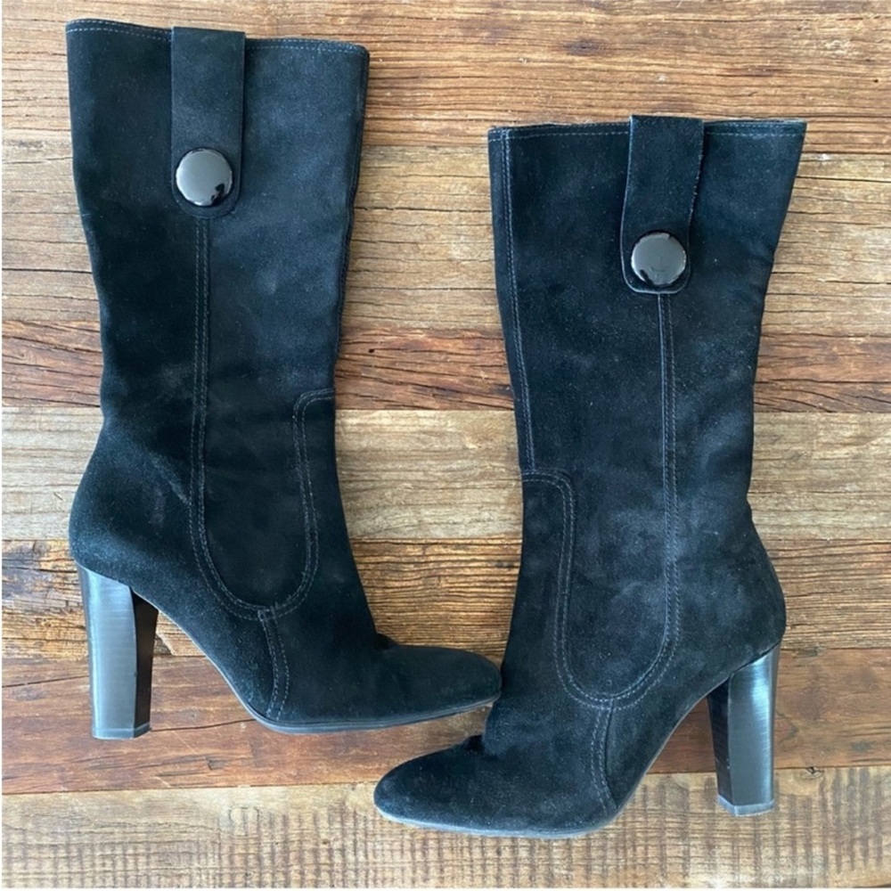 Franco Sarto Black Suede Heeled Boots with Button Accent Size 7